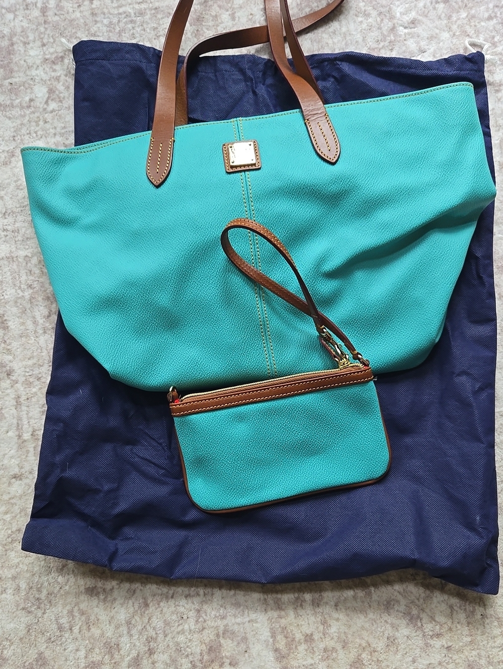 Turquoise Tote Bag with Wristlet - Brown Trim